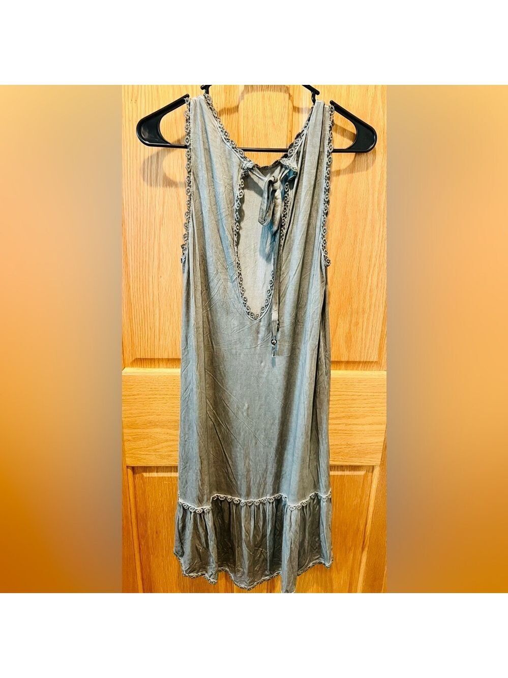 POL Antique Green Sleeveless Dress with Back Cut Out & Tie Bead Accents